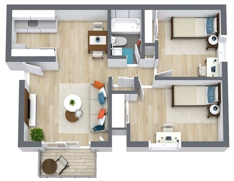 Floor plan for 2 beds, 1 bath, 758 sqft